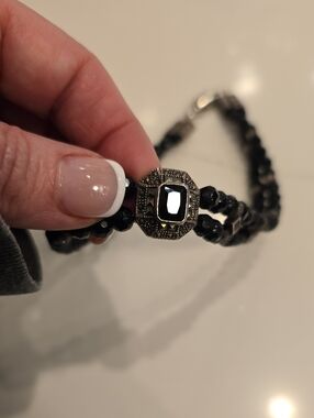 Black Beaded Choker Necklace Art Deco Sterling Silver Marcasite Magnetic Closure